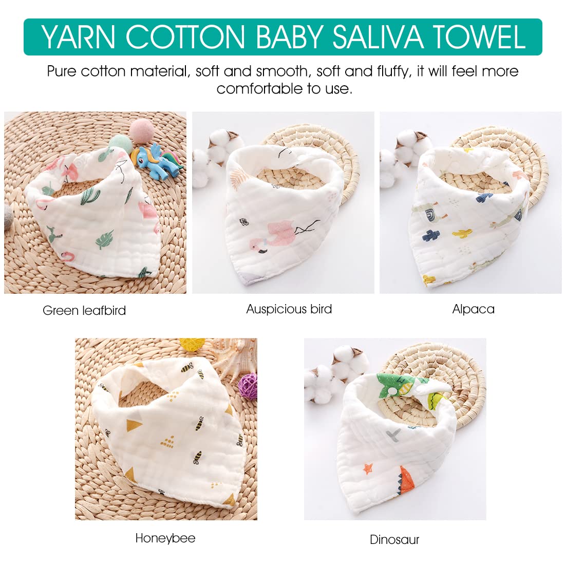 SNOWIE SOFT Baby Bibs for Drooling and Feeding with 8 Cotton Layers, 5pcs Set | Adjustable Snaps for 6–24 Months