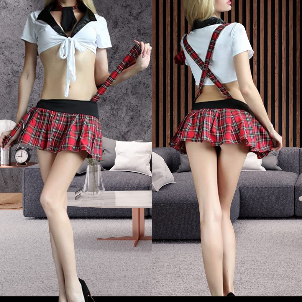 ZIBUYU Maid Skirt with Tie & Bra & Mesh stockings, Cosplay Costume Maid Plaid Bold Suspenders Skirt Costume for Party Women Lingerie Wear for Night Wear Maid Dress Set
