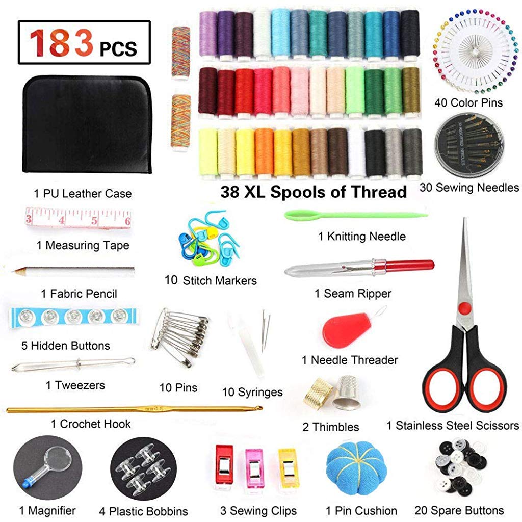 HASTHIP  183PCS Handy Sewing Kit Bundle with with 38 XL Thread, All-in-One Portable Sewing Kit with Scissors Thread Needles Tape Measure Carrying Case and Accessories