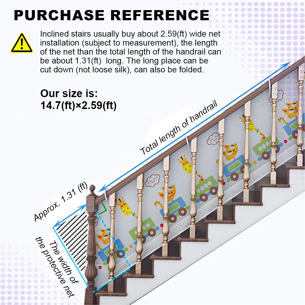 SNOWIE SOFT® Baby Safety Net Banister Guards Stairway Rail Net Thicken Polyester 14.7 ft Long 31 Inches High Stairway Baby Guards with 55 Nylon Zip Ties Ropes Safety Net for Stairway, Balcony