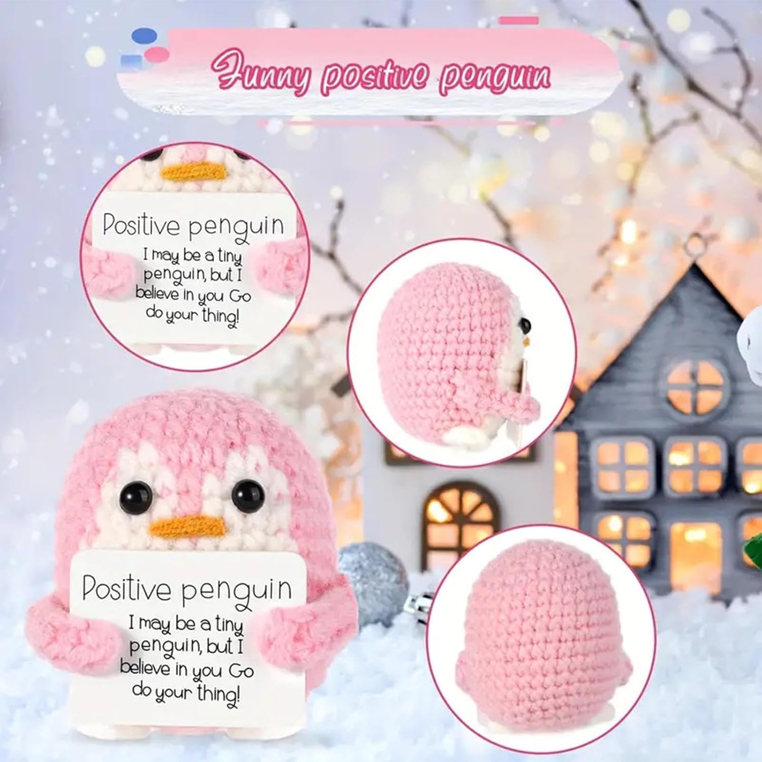 ZIBUYU Handmade Crochet Penguin Desk Decor for Office and Nursery with 2.35 in Size | Cute Motivational Gift Set 3 PCS Pink