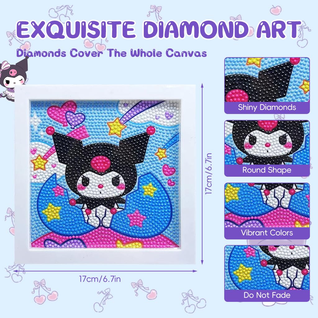 PATPAT DIY Diamond Painting Art Kit for Kids 6.7 inches Cute Kuromi Diamond Painting Art with Wooden Frame DIY Diamond Painting Art Desk Decoration Art Craft Gift for Kids