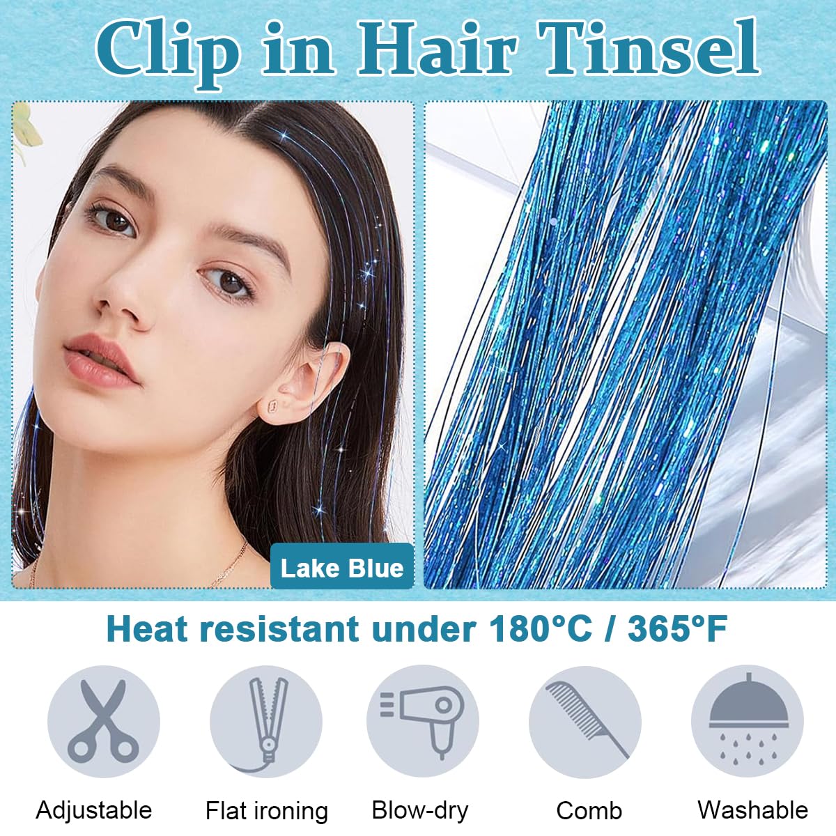 MAYCREATE® 6pcs Hair Tinsel Hair Extensions for Women Girls Blue Glitter 20'' Clip-in Fairy Hair Tinsels Highlight Sparkling Tinsel Hair Clips for Party, Festival