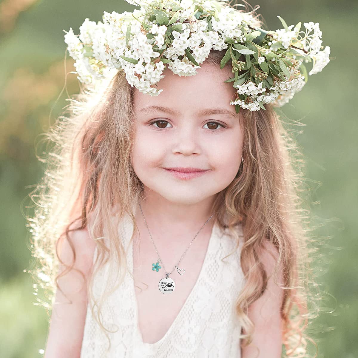 Venzina Stitch Necklace for Girls with Sakura and Heart Charms & Greeting Card Gift