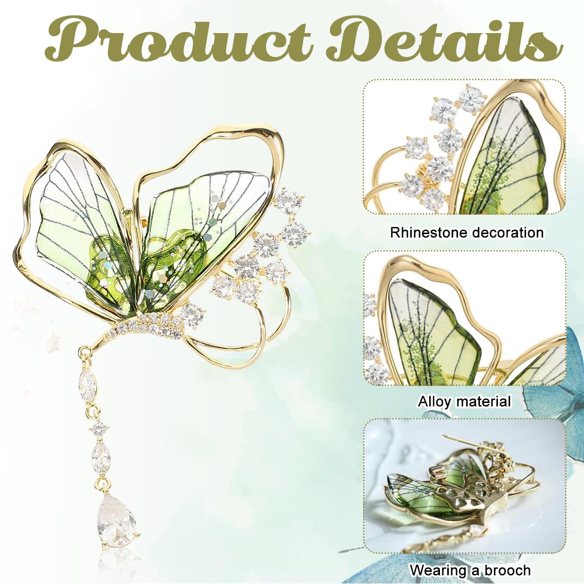 SANNIDHI Butterfly Brooch for Women with Green Wings and Rhinestone Tassel | Elegant Alloy Pin for Dress Blazer or Suit
