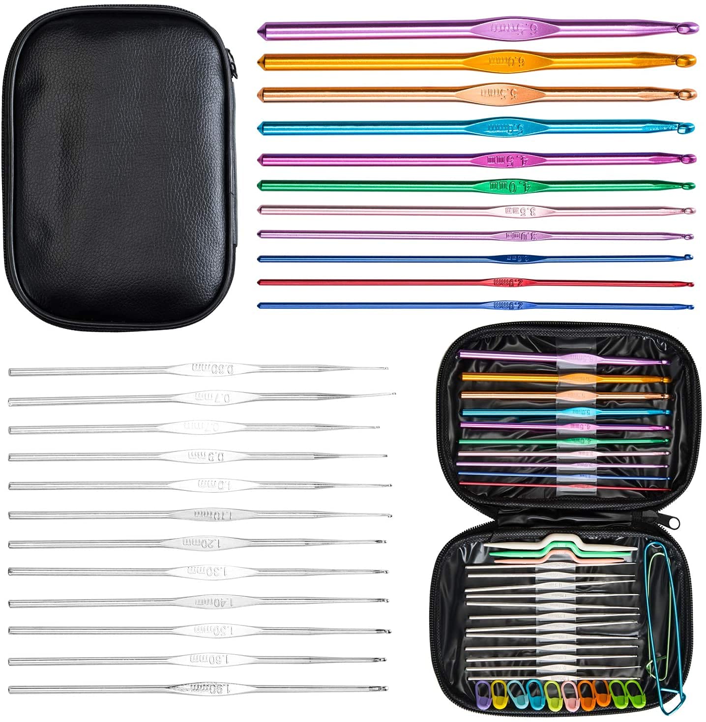 HASTHIP Crochet Hooks Set for DIY Knitting with 100 pcs Tools and 22 Sizes Aluminum Hooks | Black Case