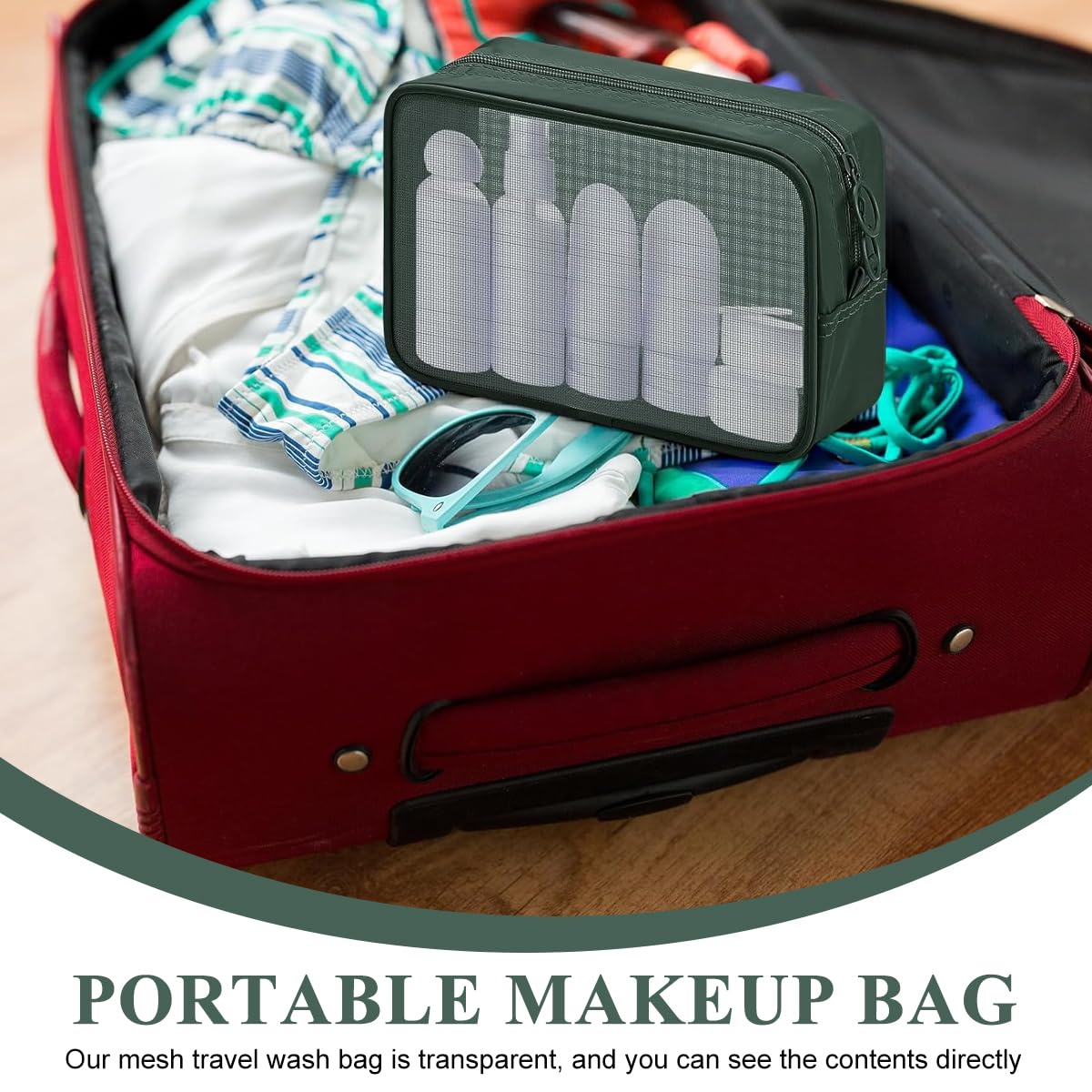 MAYCREATE Makeup Organizer Bag Set for Travel with 8PCS Mesh Zipper Pouches in Green