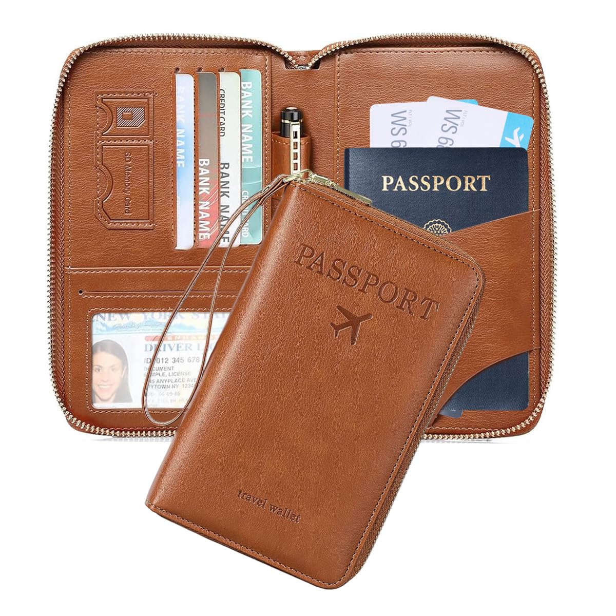 PALAY® Travel Passport Wallet for Men Women, PU RFID Passport Cover Holder for Men Travel with Wristlet, Multiple Card Slots with ID Window, Embossed Passport Card Bag Essential Organizer - Brown