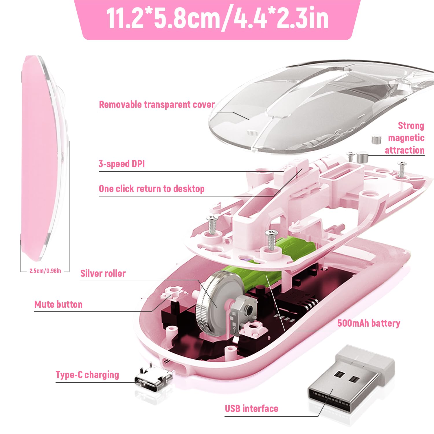 Verilux Wireless Mouse for Laptop with 2.4G & Bluetooth 5.1 featuring 1600DPI and Transparent Design