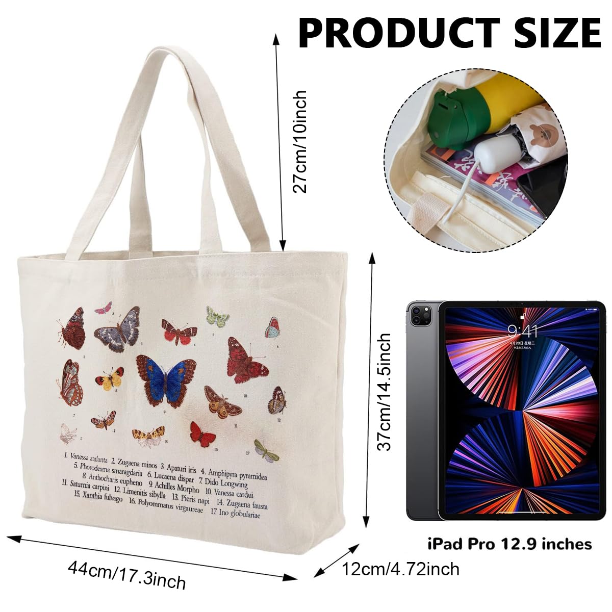 PALAY® Canvas Tote Bag Large Bookbag Creative Butterfly Print Tote Bag Zip Lock Grocery Bag Shopping Bag Reusable and Washable Canvas Hand Bag for Girls Women