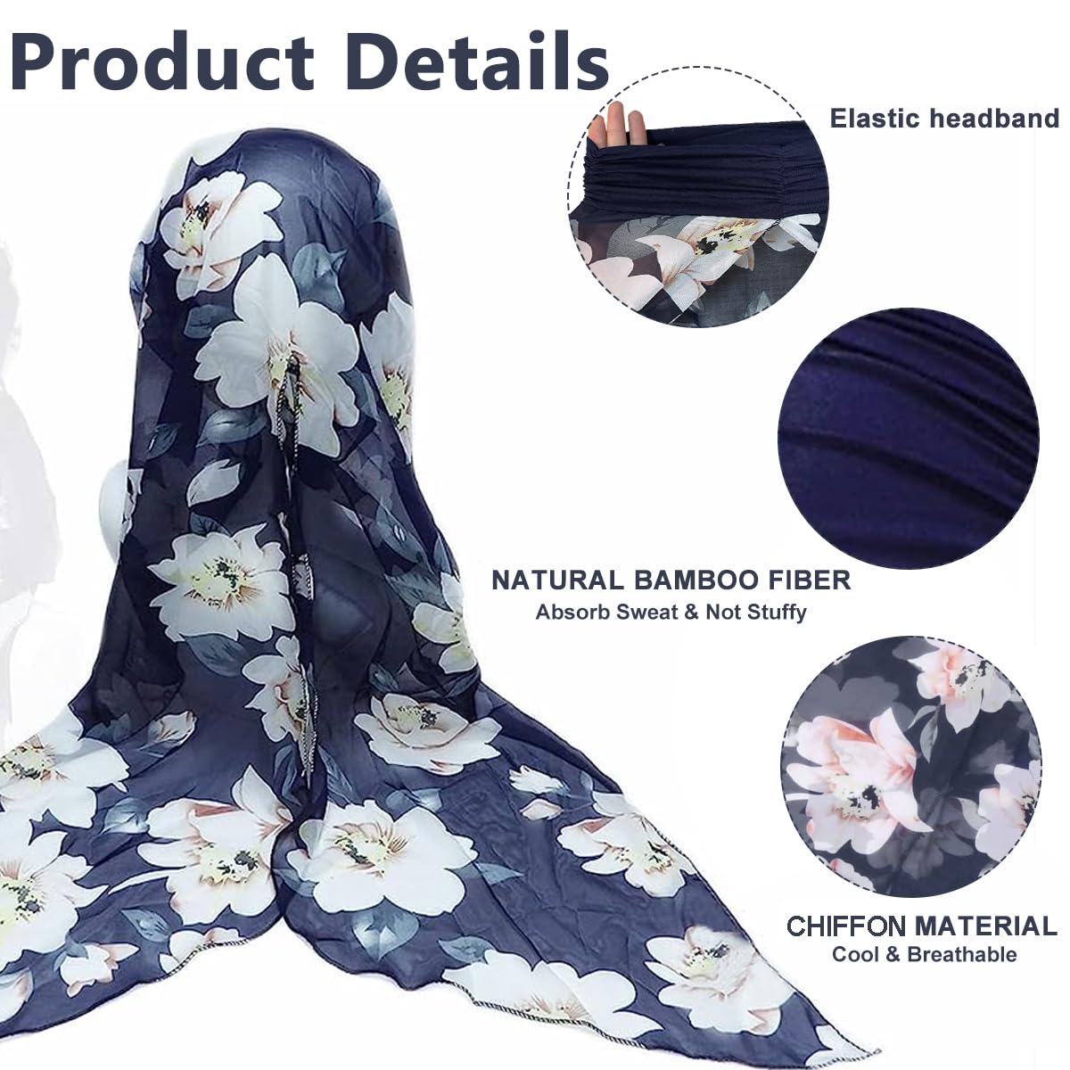 PALAY Chiffon Head Scarf for Women with 32cm Elastic Band and 86cm Tails | Floral Print
