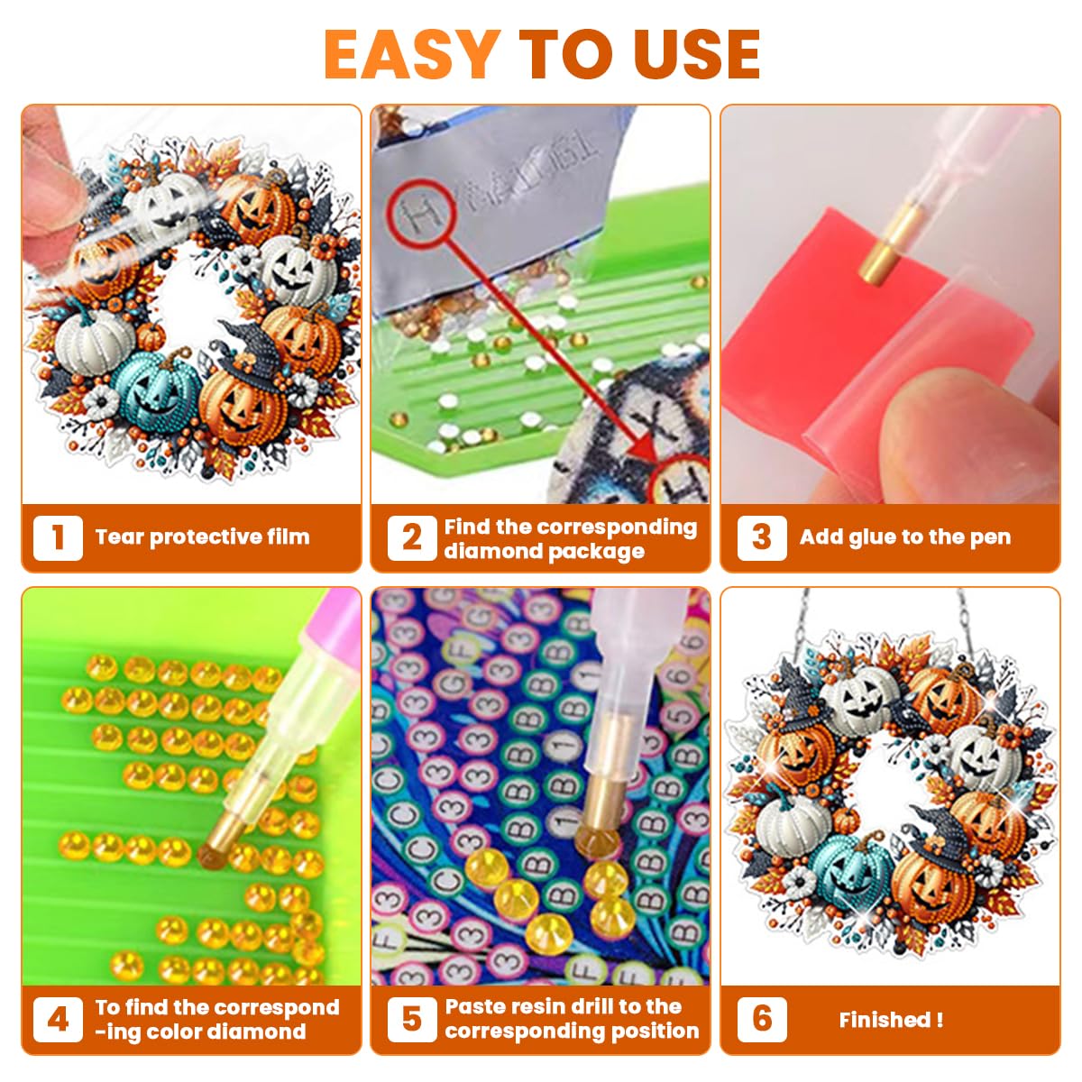 PATPAT DIY Halloween Ornament Diamond Art Craft Kit for Room Decor featuring 9.4 in Pumpkin Design | Sparkling Door Hanging Wreath