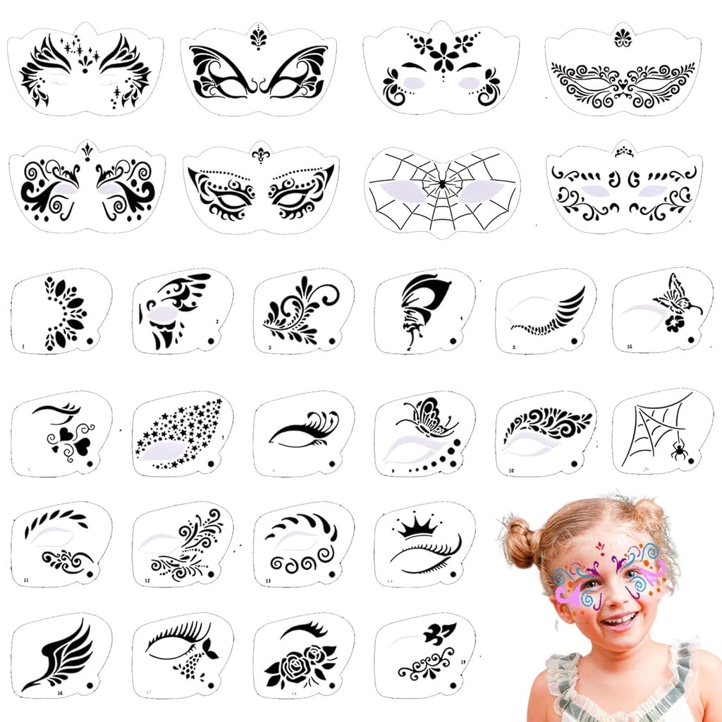 MAYCREATE® 28pcs Face Paint Stencils Kit No Repeat Face Makeup Stage Makeup Tools Fancy Face Paint Stencils for Kids & Adults Eye MakeUp Pattern Stencils Masquerade Halloween Makeup Up Tools
