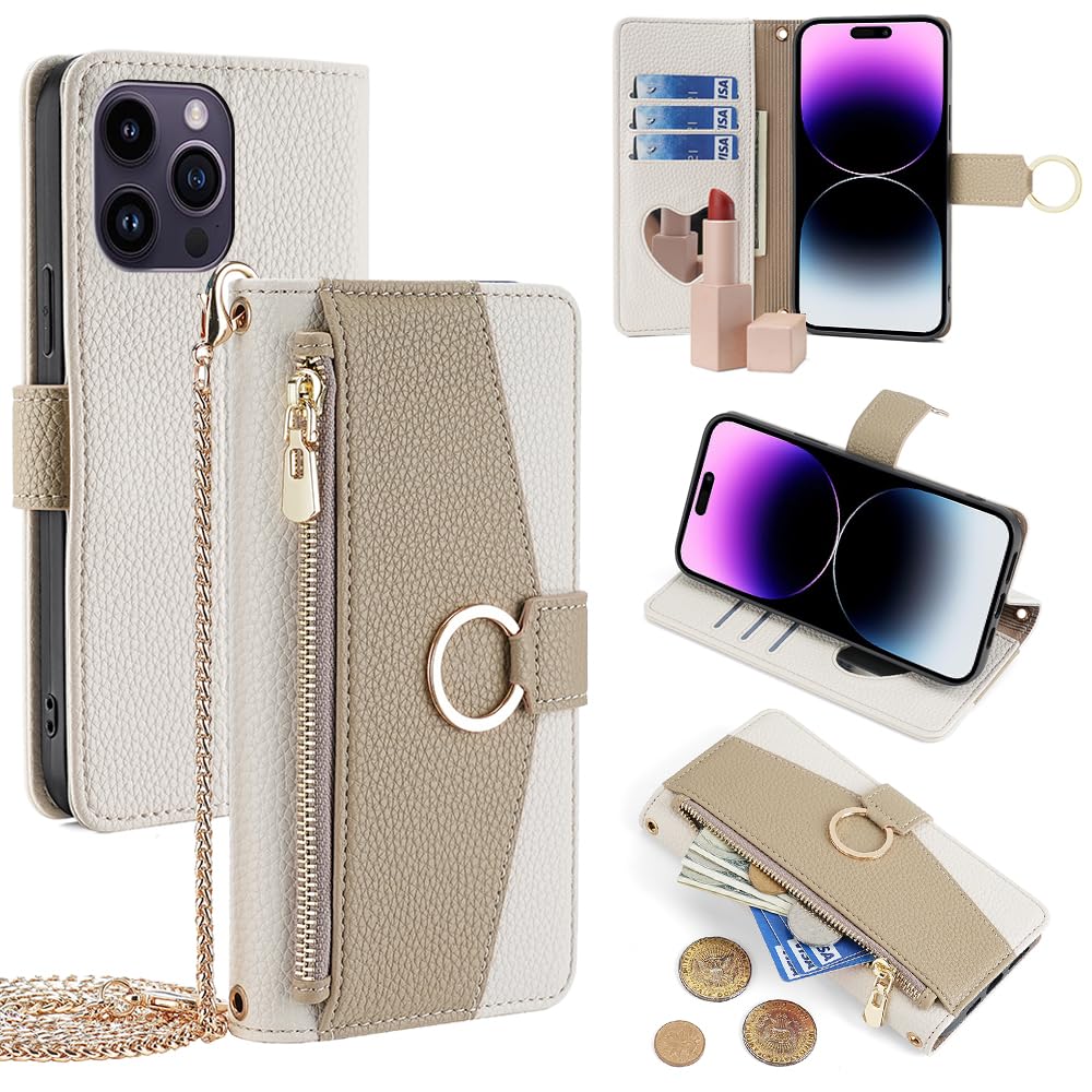 ZORBES® Leather Phone Case for iPhone 15 Pro Max Fashion Women Flip Wallet Phone Case with Cash Zipper Pouches & Card Holders Multifunctional PU Leather Flip Phone Case with Removable Chain Strap