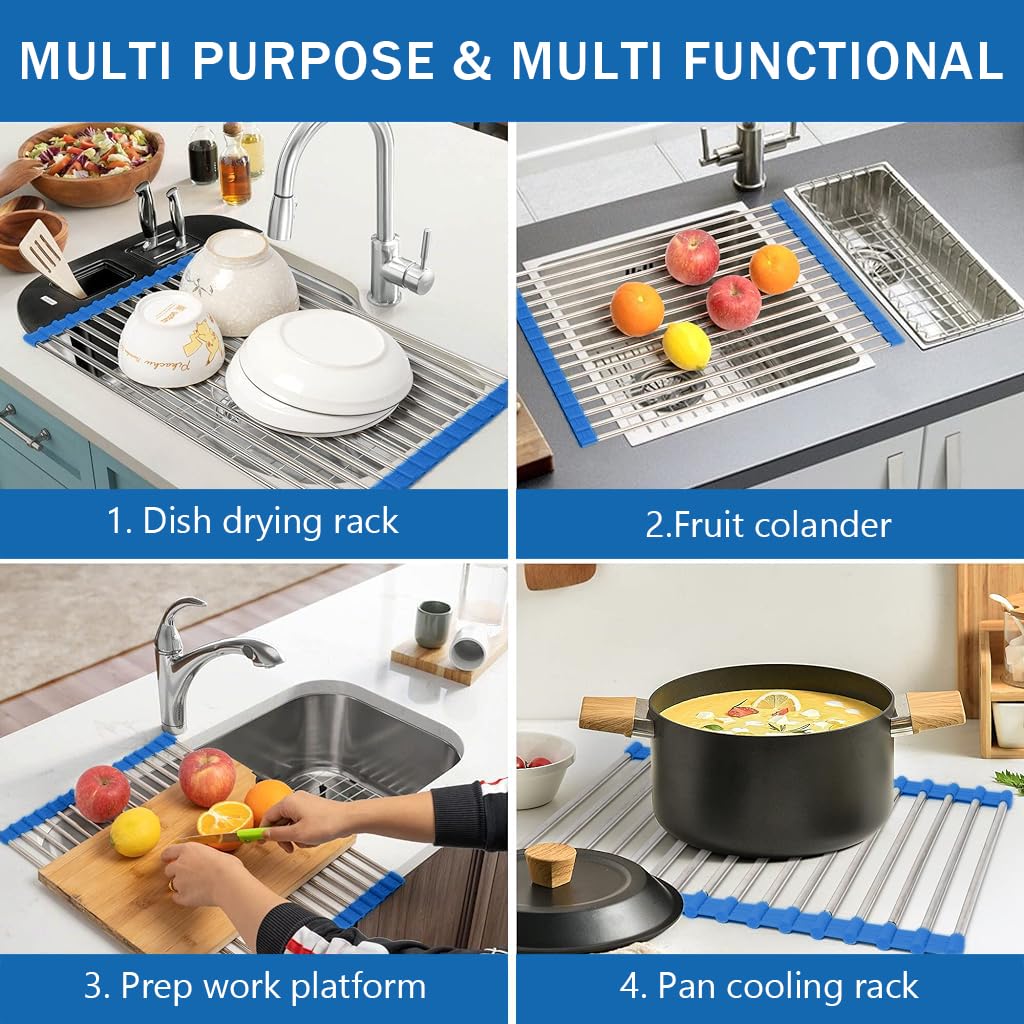 Supvox Dish Drying Mat for Kitchen Sink 20 x 13 in with 18 Rod Roll Up Stainless Steel Rack