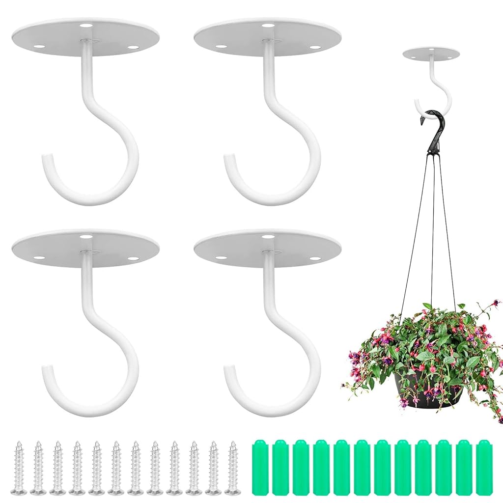 Serplex® 4pcs Metal Ceiling Hook for Hanging Flower Pot and Plant Pot Wall Mounted Hook for Hanging Plant Baskets/String Lights in Balcony,Porch, Wall Hook with Screws (White)