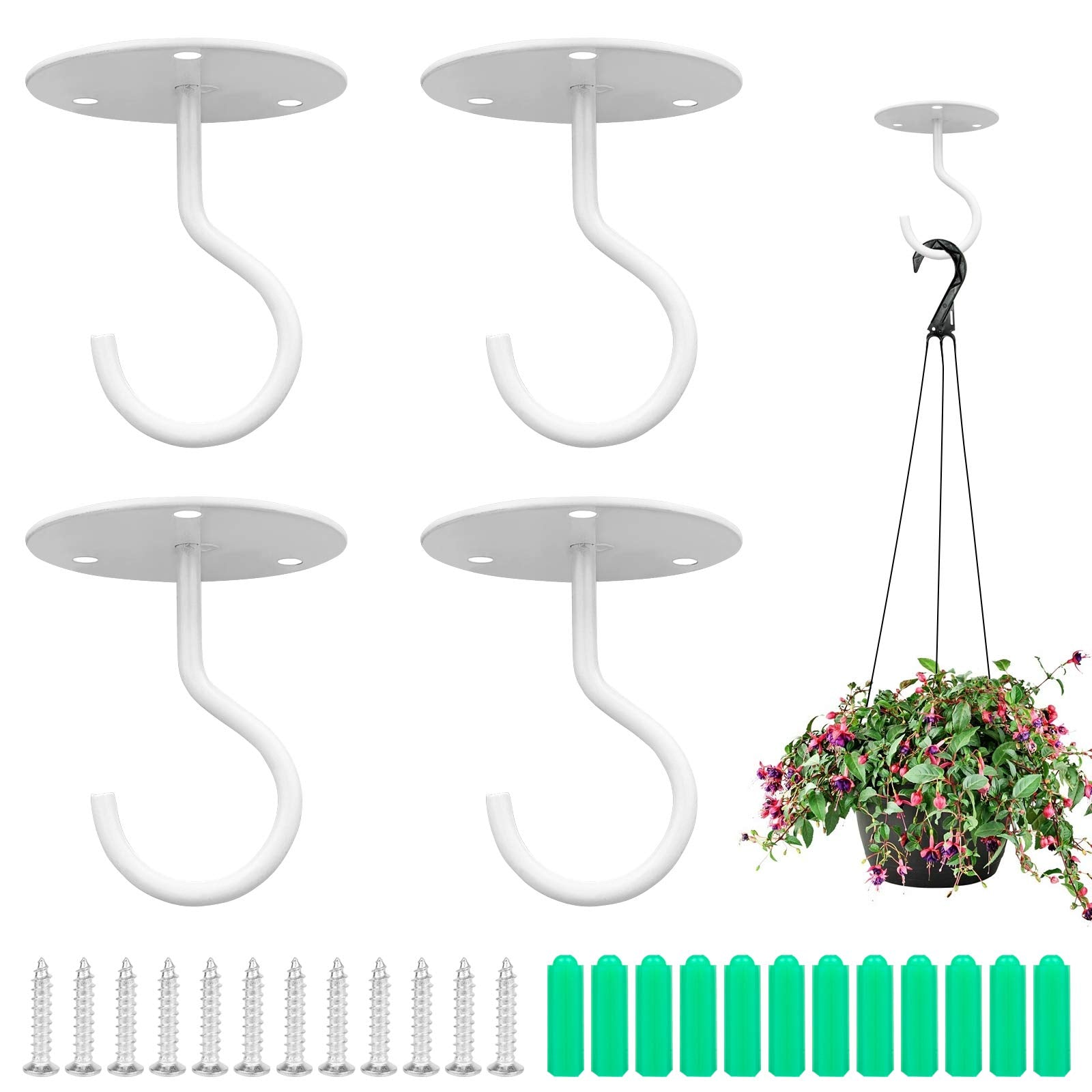 Serplex 4pcs Metal Ceiling Hook for Hanging Flower Pot and Plant Pot Wall Mounted Hook for Hanging Plant Baskets/String Lights in Balcony,Porch, Wall Hook with Screws (White)