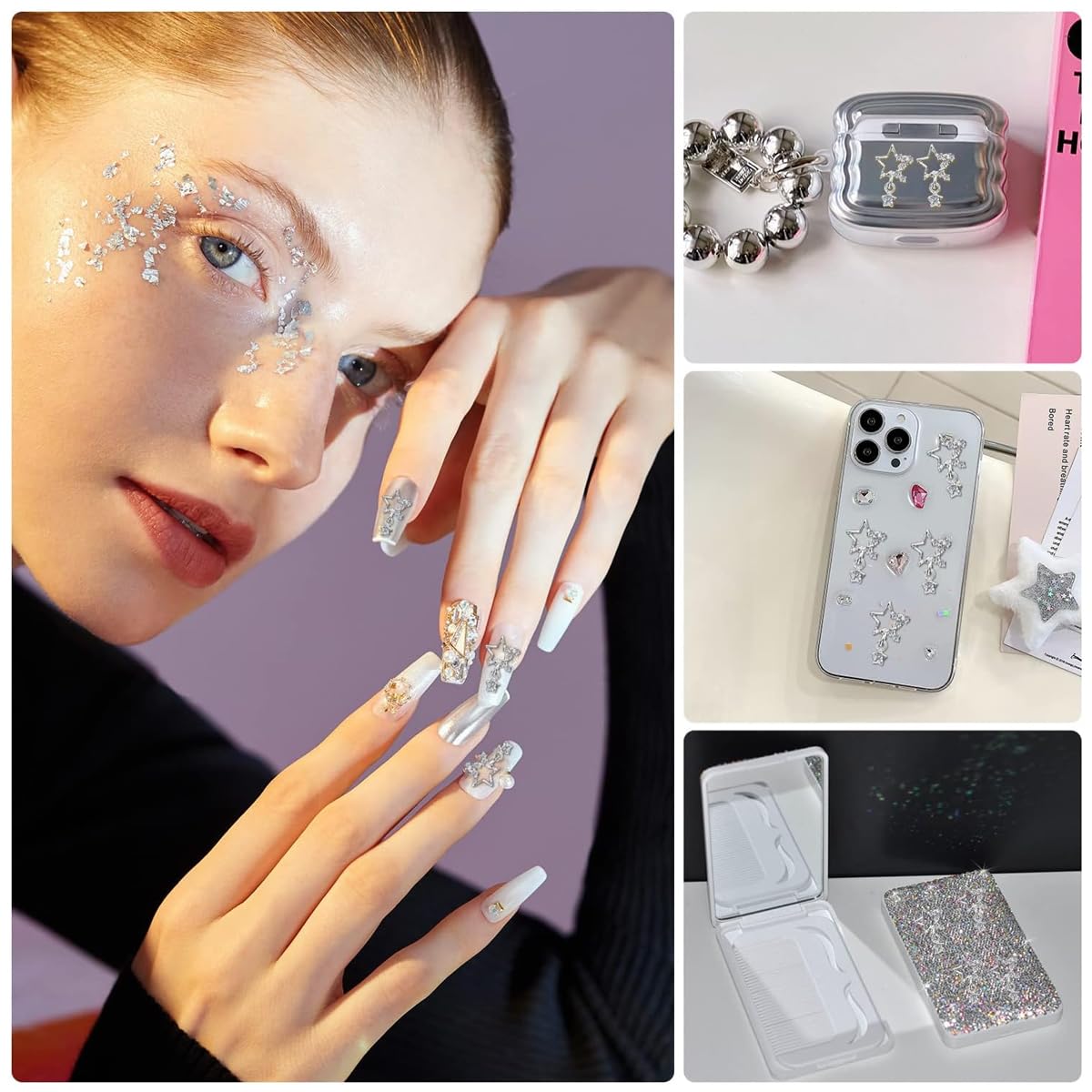 MAYCREATE Star Nail Charms for Acrylic Nails featuring 3D Hollow Pentagram Design 10Pcs Silver