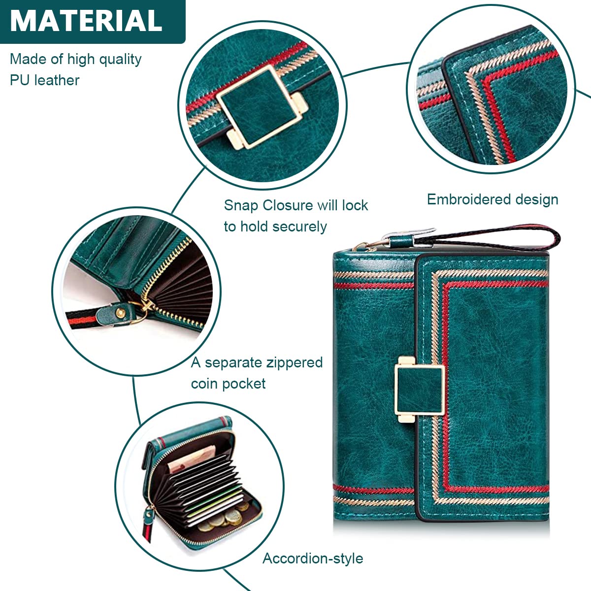 PALAY® Women Wallet Bi-fold Leather Wallet for Women Turquoise Vintage Women Wallet Card Bag Large Capacity Safe Wallet with RFID Blocking Wallet