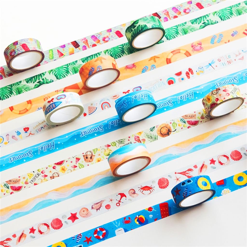 HASTHIP® 10 Rolls Summer Washi Tape Set, 15mm Beach Ocean Cut Washi Masking Tape Decorative Tape for Bullet Journal, Book, Planner, Scrapbooking, DIY Arts (15mm x 5 meters Per Roll)