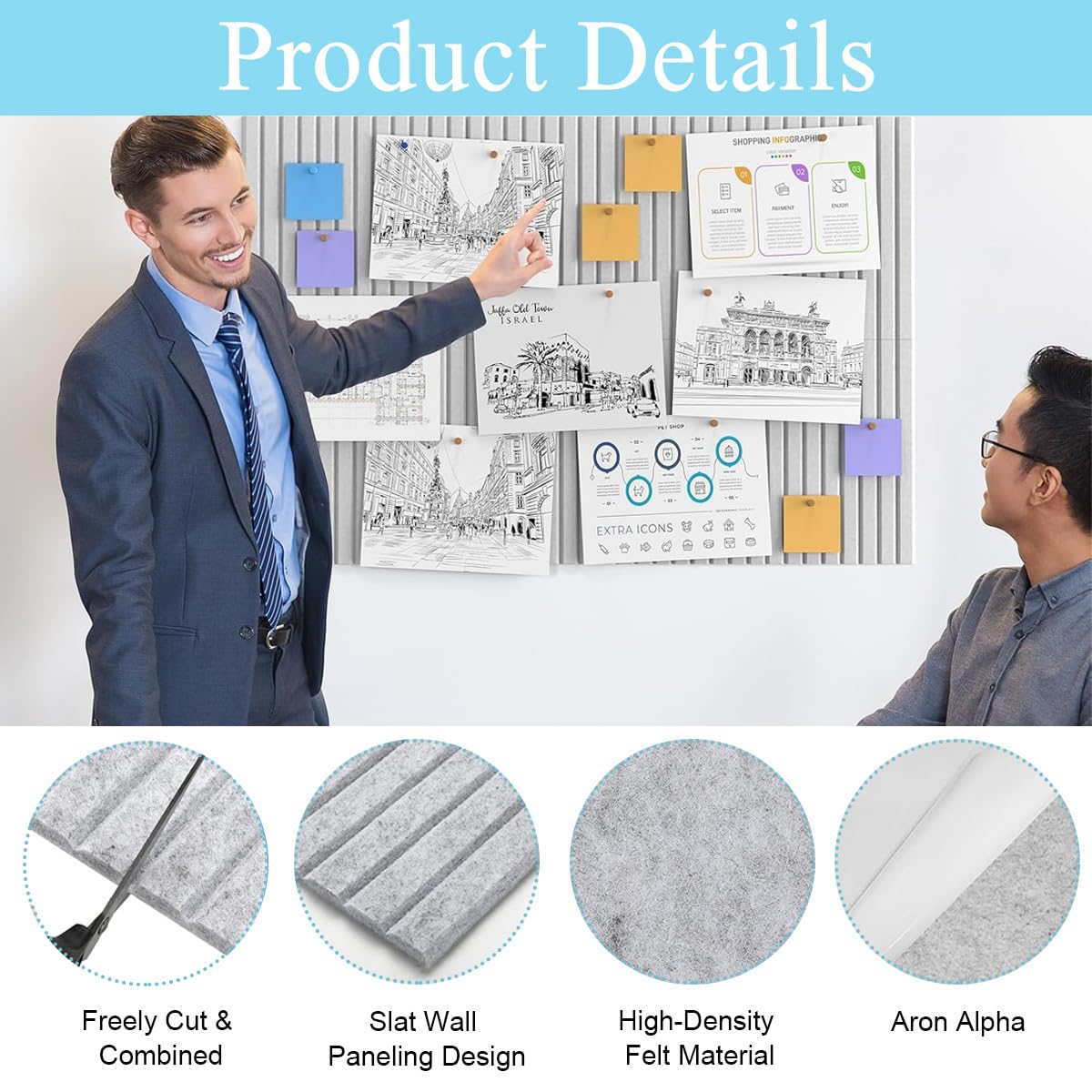 Climberty Felt Bulletin Board Set for Home and Office with 30x30cm Panels and 50 Pins | Self-Adhesive Grey Organizer