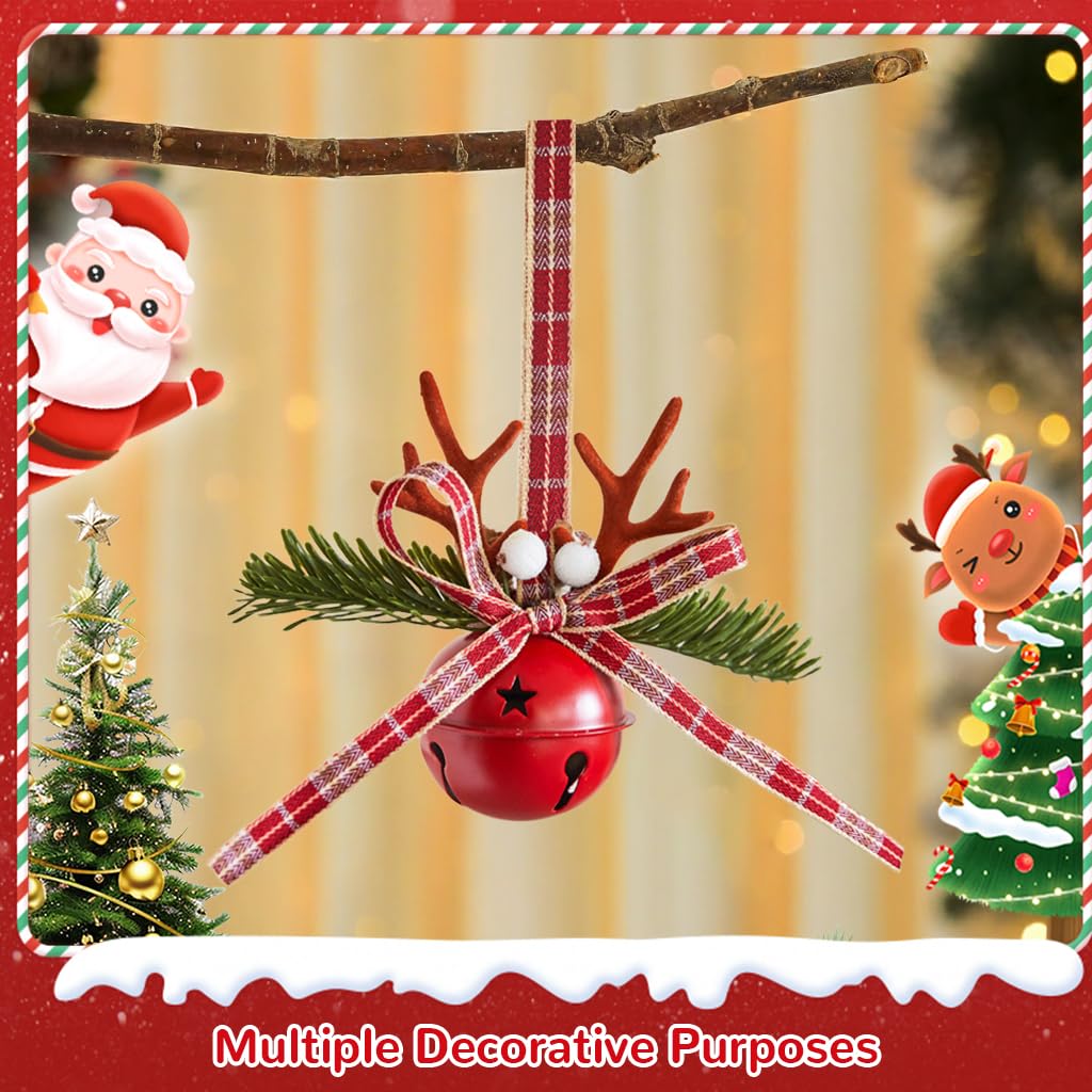 HASTHIP Christmas Jingle Bells for Tree and Home Décor featuring Ribbon Bow and Elk Design | Red Metal Hanging Ornaments