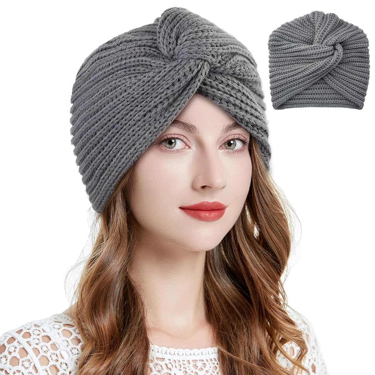 PALAY® Turban Cap Winter Cap for Women Woolen Cap for Women Winter Warm Caps Fashion Knitting Hat Stretchy Knitting Couple Cap Crochet Cap Gift Winter Clothes for Women (Grey)