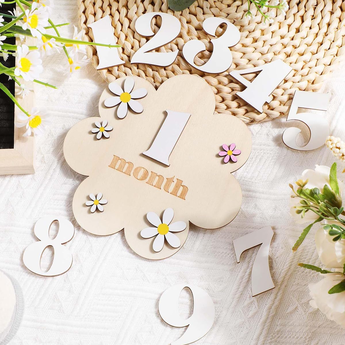 SNOWIE SOFT Floral Wooden Monthly Milestone Board for Newborn Photos with 0–9 Plates | White Nursery Prop