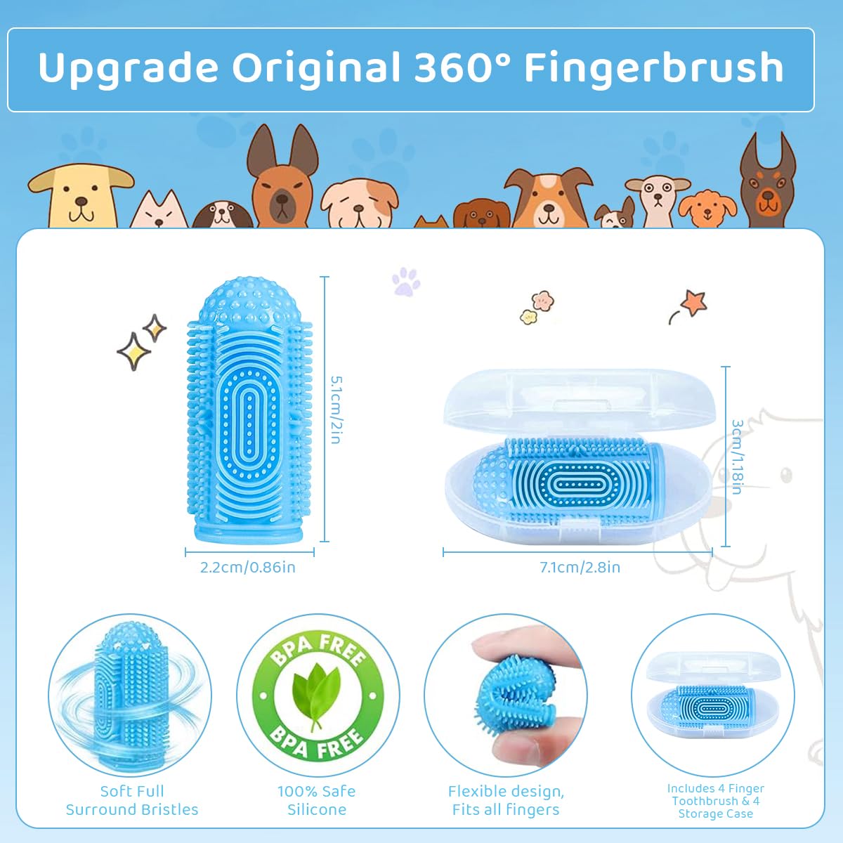 Qpets Dog Toothbrush for Dental Care featuring 4 Bristle Types and Soft Silicone Finger Sleeve