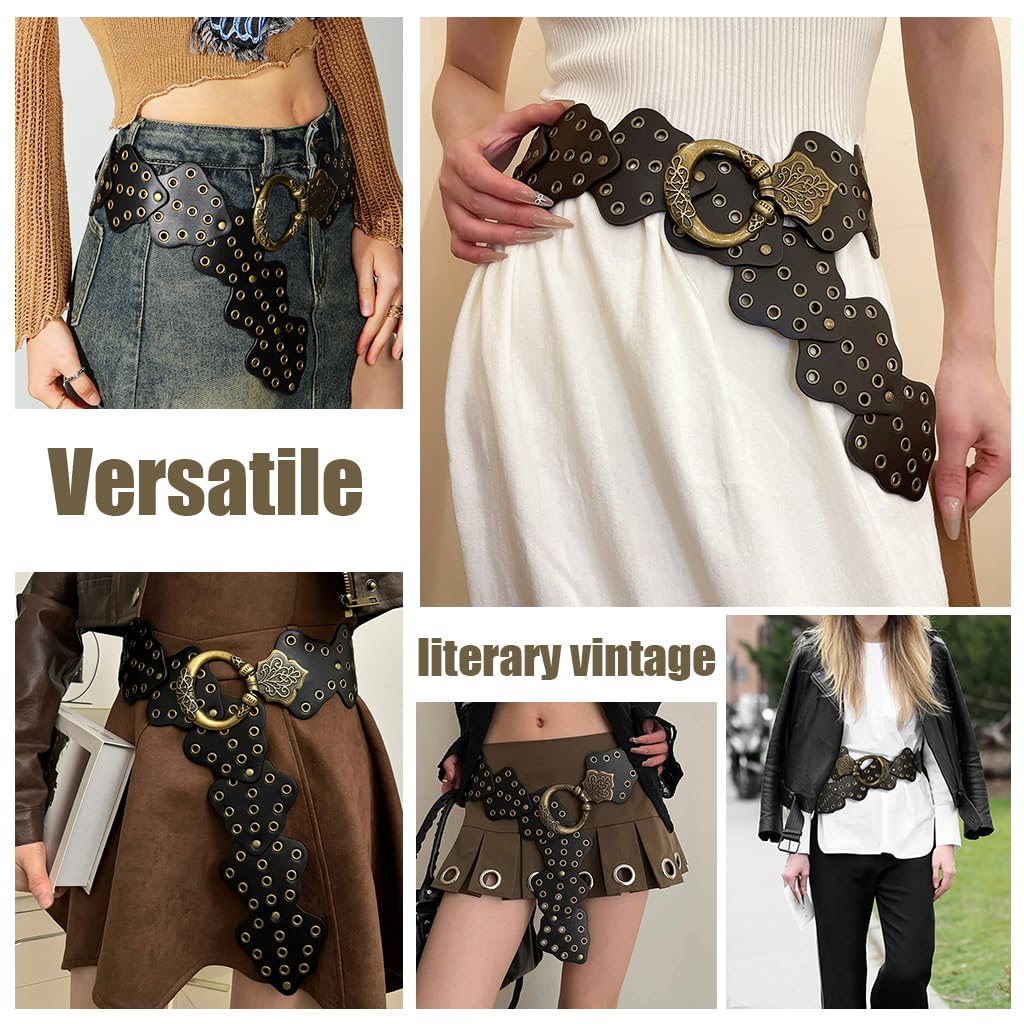 SANNIDHI Belt for Women featuring Antique Embossed Buckle and Studded PU Leather | Vintage Punk Style for Jeans Dresses Skirts