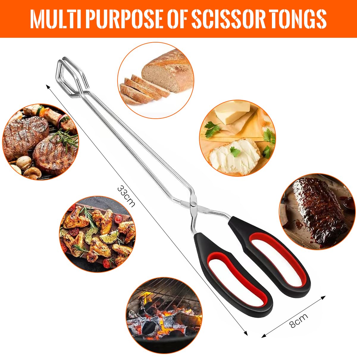 HASTHIP Kitchen Tongs for Grilling and Frying 12.9 in featuring Scissor Grip | 18/8 Stainless Steel