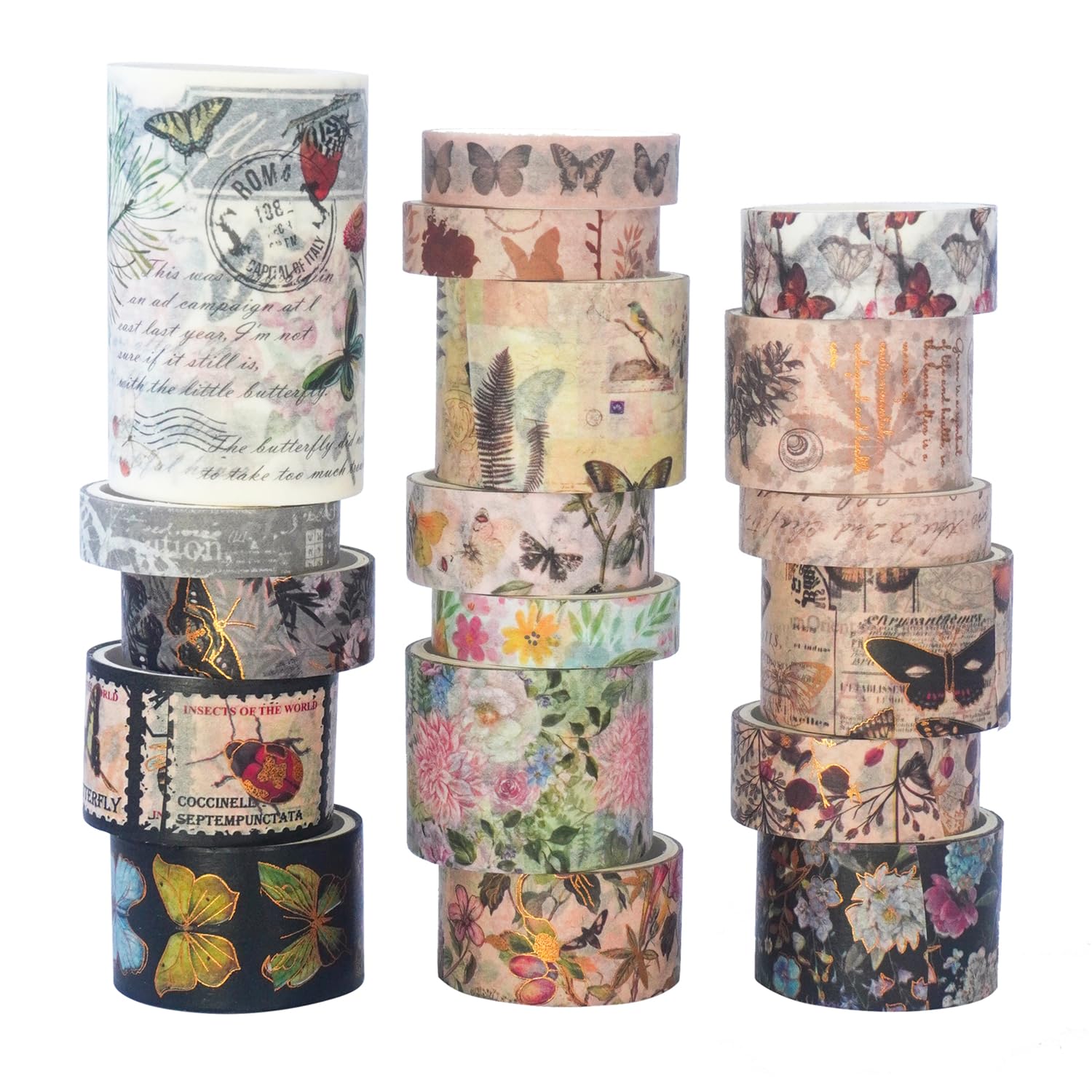 HASTHIP Vintage Washi Tape for Scrapbooking with 18 Rolls 6 Sizes and Gold Silver Foil | Writable Floral Butterfly Design