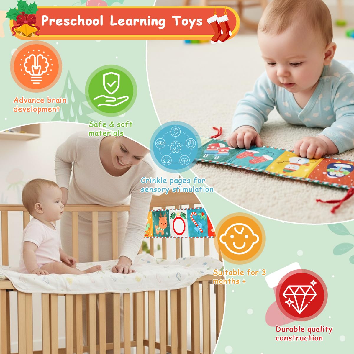 SNOWIE SOFT Baby Cloth Book for Crib Play with 3D Mirror & Squeaky Toy 115x70cm | Soft Cloth for Infants