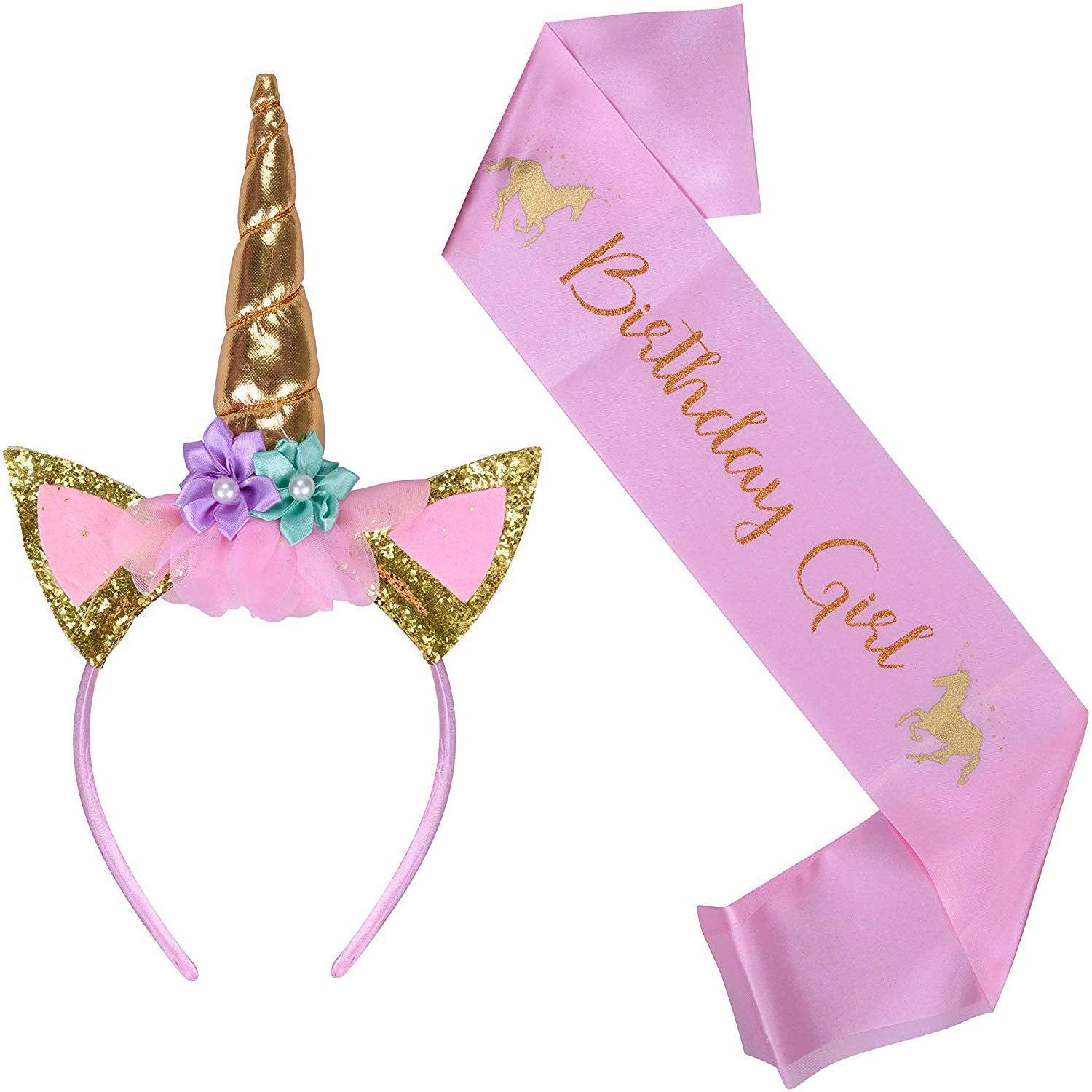 PATPAT® Satin Unicorn Headband and Pink Sash, Gold, 1 x Gold Glitter Unicorn Horn Headband, 1 x Pink; Gold Satin Unicorn Birthday Girl Sash