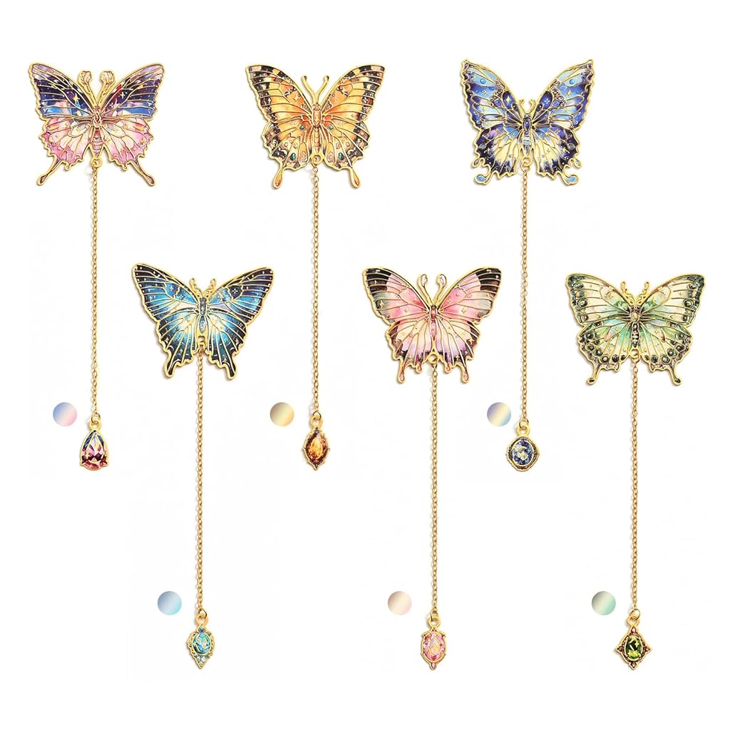 OFIFO® 6 Pieces Metal Butterfly Bookmarks with Colorful Chains, Decorative Reading Bookmarks, Paper Cards for Gifting, Unique Book Page Markers for Students, Teachers, Women, Book Lovers