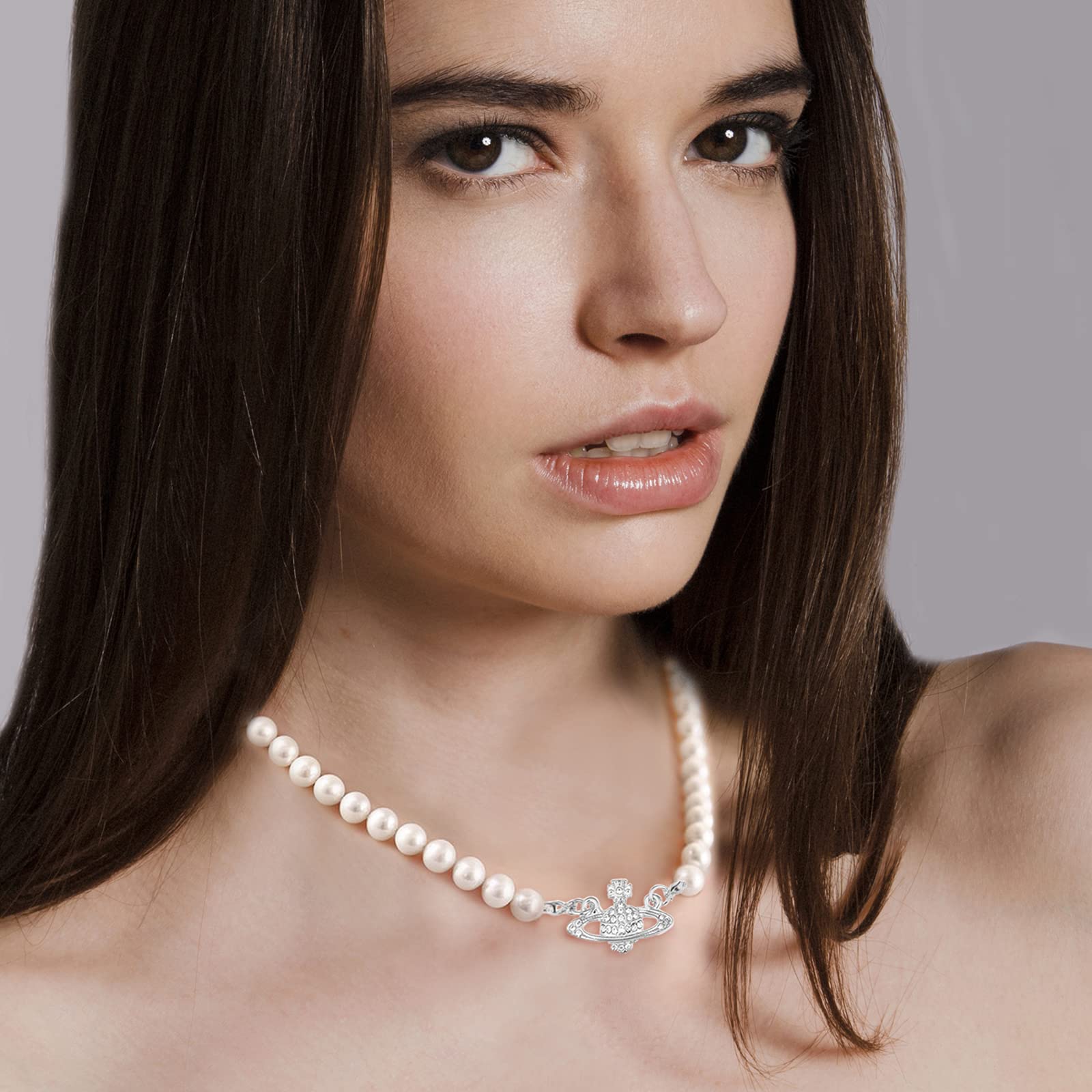 SANNIDHI Pearl Necklace for Women featuring Rhinestone Saturn Design 15.7+2.7 in Adjustable Chain | 2 Pcs White Choker Set
