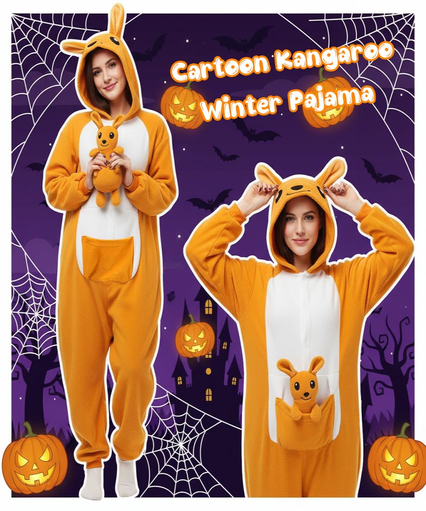 PALAY Cartoon Kangaroo Pajama for Women featuring Zipper Collar Hood Pocket and Plush Polar Fleece