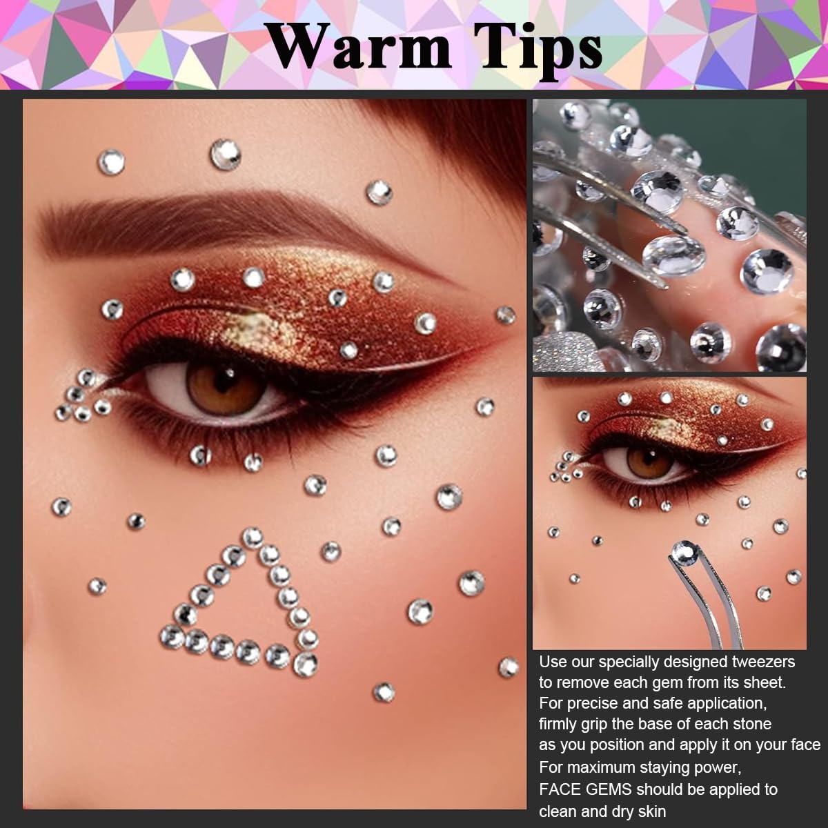 MAYCREATE Face Gems Rhinestones Stickers Kit for Makeup with Tweezer 4 Sheets | Self-Adhesive Acrylic Jewels for DIY Crafts and Nail Art
