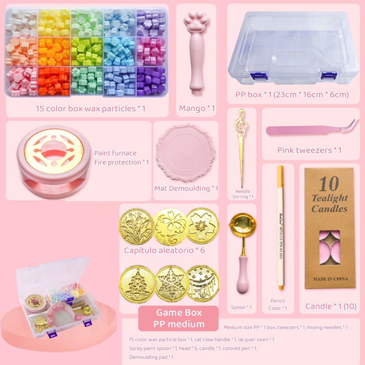 HASTHIP® Wax Seal Stamp Set - 15 Multicolor Beads, 6 Stamps, Pink Cat Claw Handle, Warmer, Spoon, Tweezers, 10 Tealights, Silicone Mat, Craft & DIY Gift Kit for Personalized Invitations & Packaging