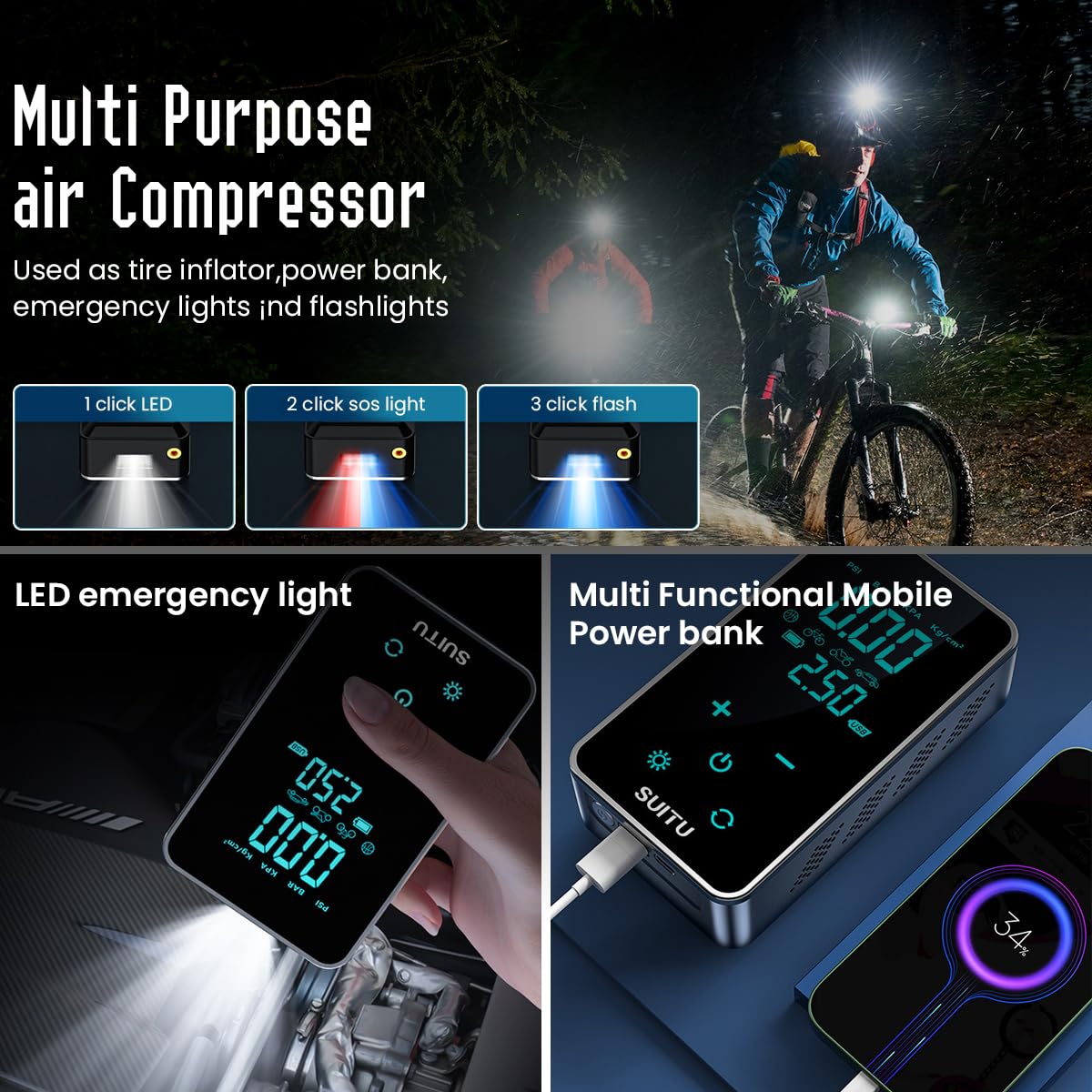 STHIRA Portable Cordless Tire Inflator for Car featuring 150 PSI 36L/min Speed & Touch Screen