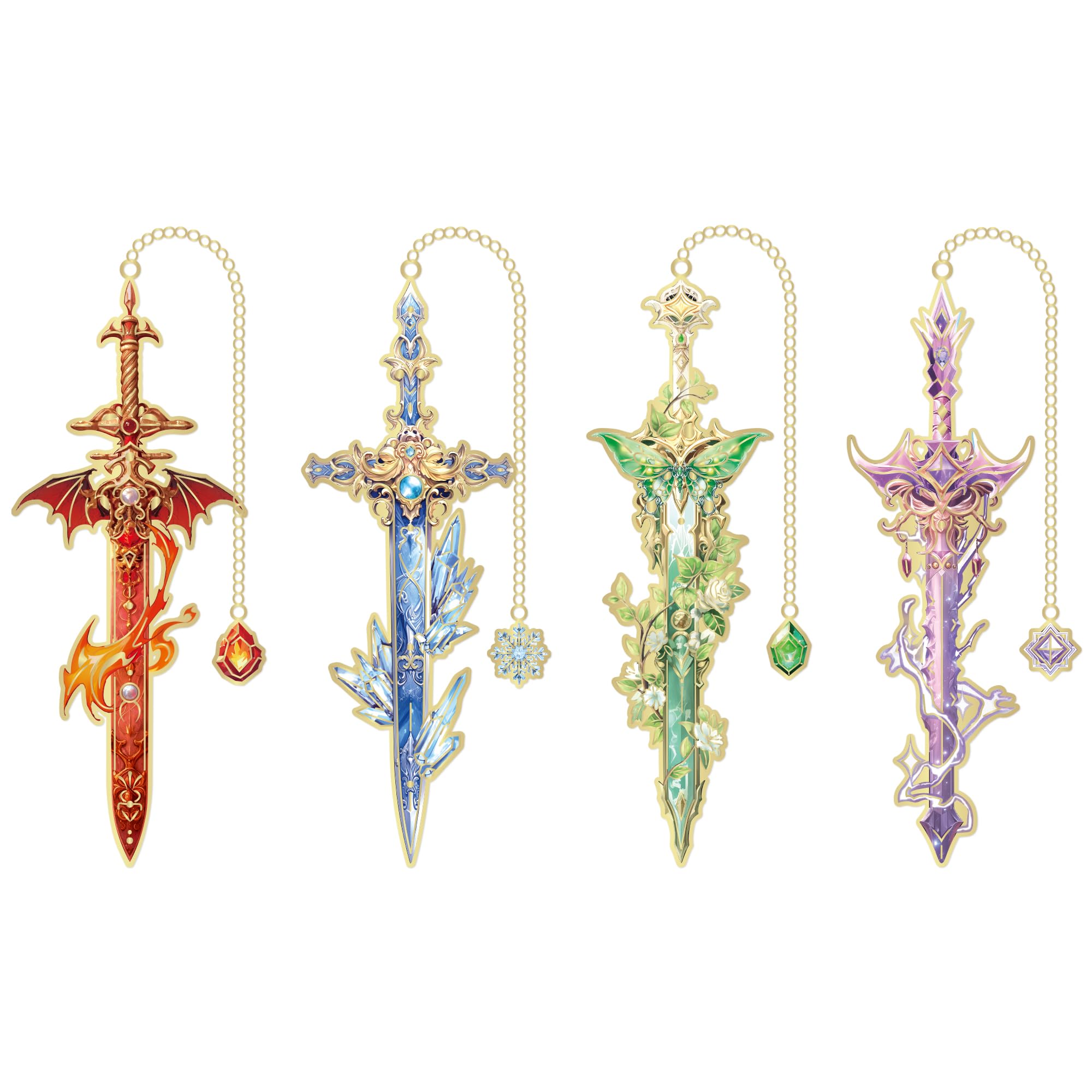 OFIFO® 4Pcs Retro Sword-Shaped Metal Bookmarks, 4 Colors Fantasy Style with Chain Pendant, Cool Reading Accessories & Gift for Students, Men, and Book Lovers