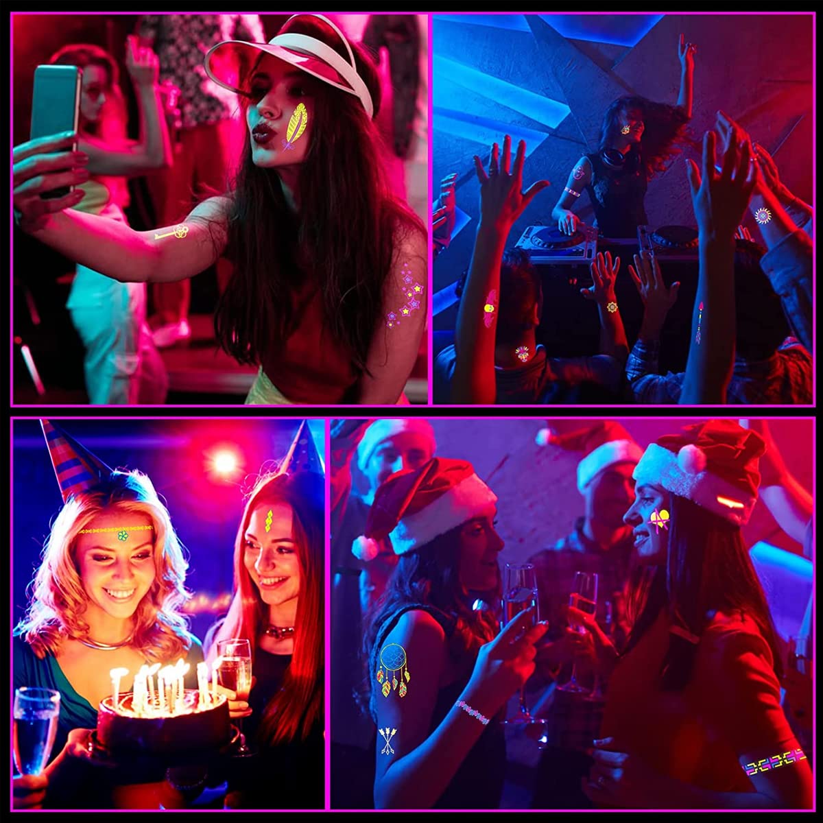 MAYCREATE Temporary Tattoos Stickers for Party and Rave featuring 10 Sheets 17×9.6cm Glow in the Dark Designs | Waterproof UV Neon Body Art for Men and Women