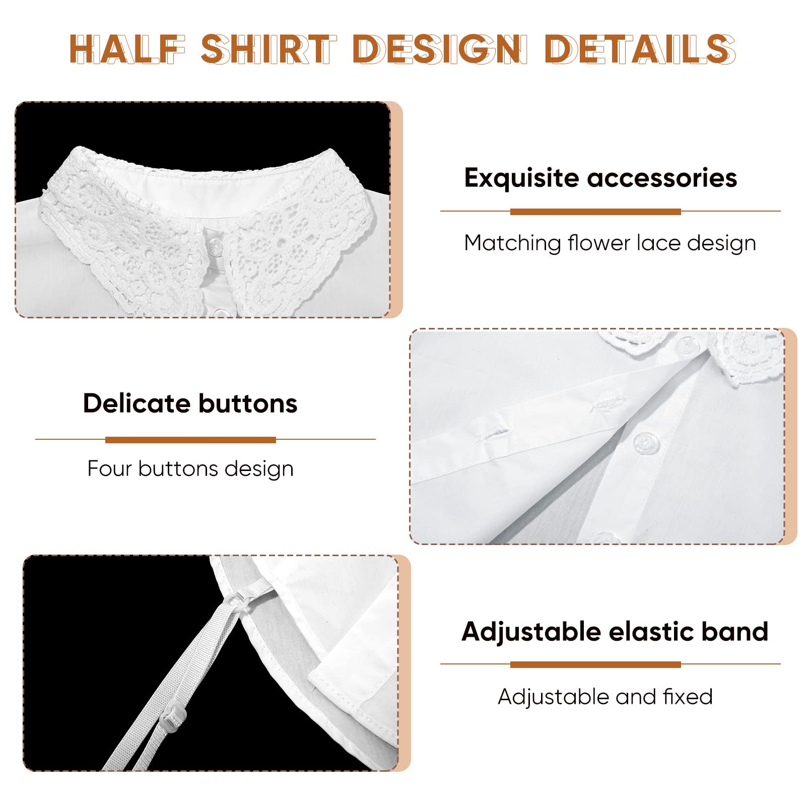 Zibuyu Fake Collar for Women with Elegant Floral Lace Edging and 4 Button Design | White Cotton