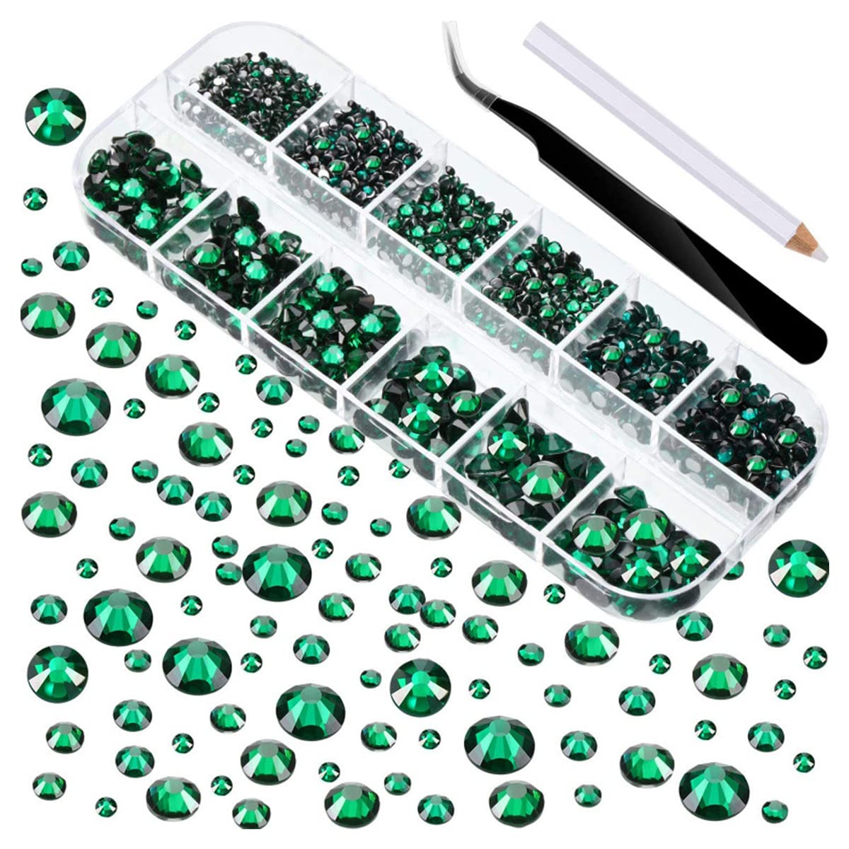 MAYCREATE® Nail Art Rhinestones Kit, 12 Grid Imitation Glass Crystal Manicure Art Box, Nail Gems AB Flatback Rhinestones Gems Stones with Tweezers and Picking Pen(Green)