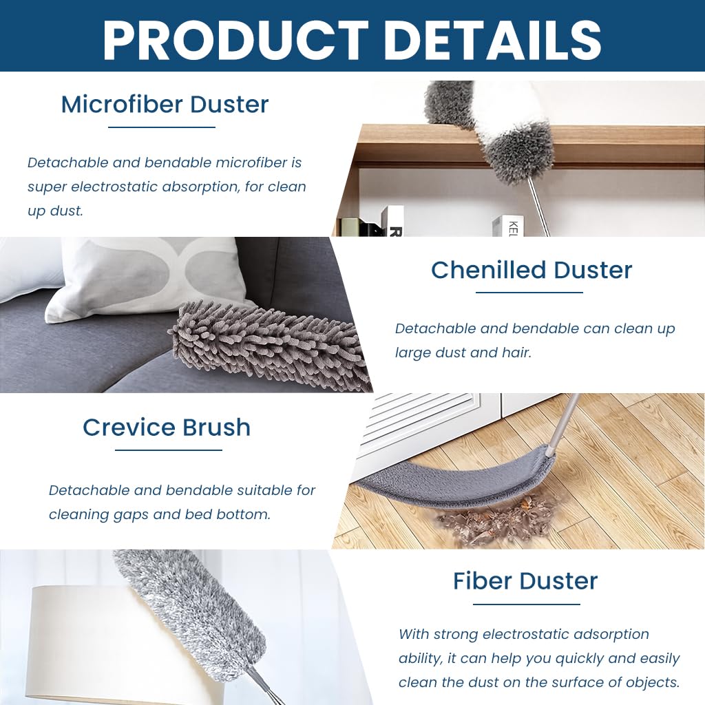 HASTHIP Microfiber Duster Set for Home Cleaning with 1.2 m Extendable Handle & 5 Heads | Reusable