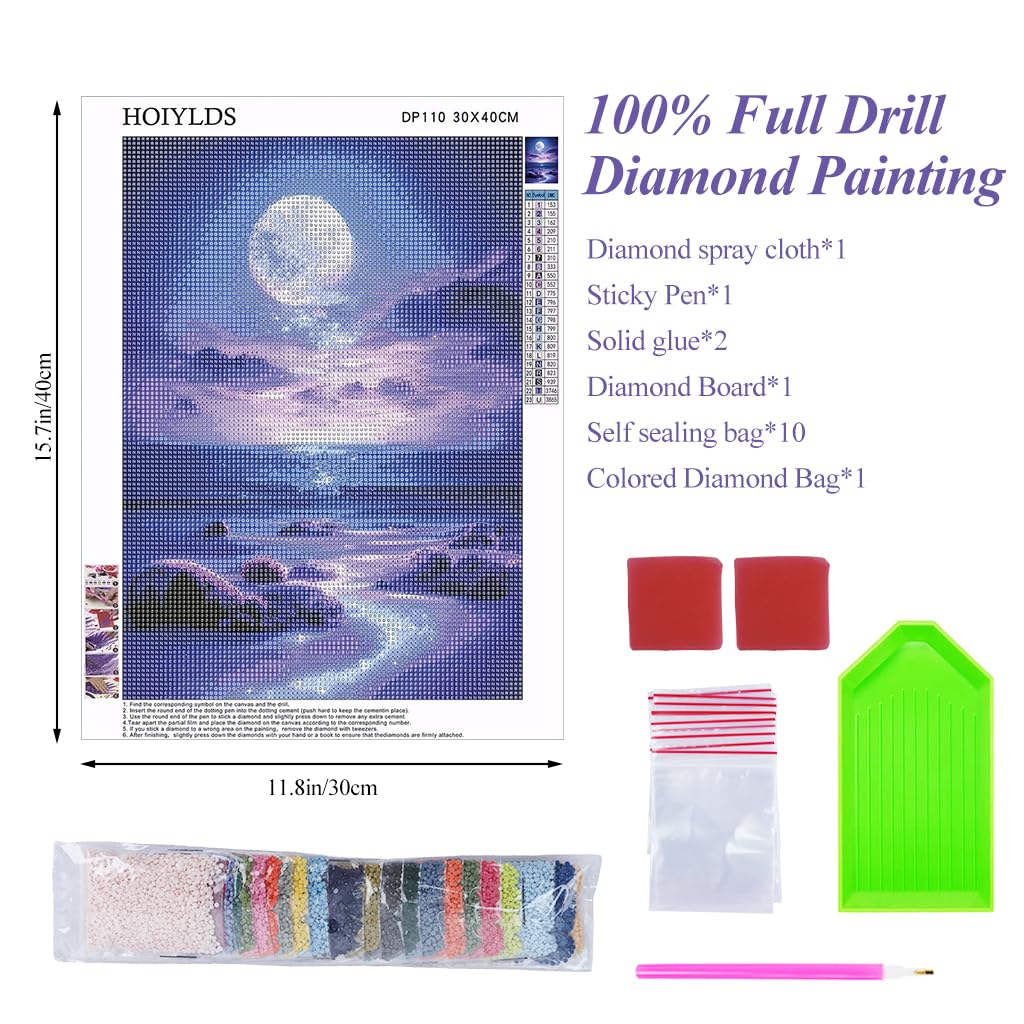 HASTHIP DIY 5D Diamond Painting Art Kit for Home Decor with Purple Moonlit Beach 12 x 16 in | Beginner Set