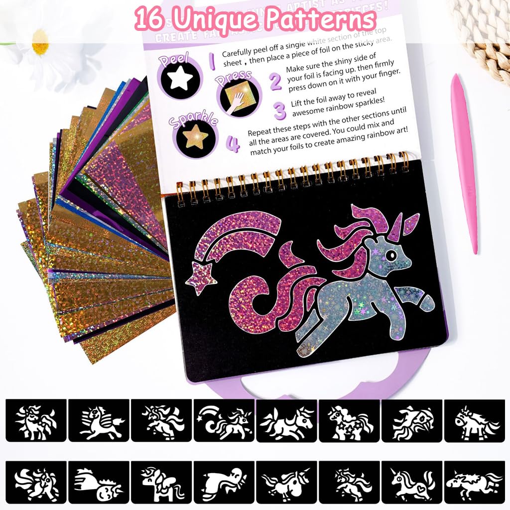 PATPAT DIY Foil Art Unicorn Coloring Book for Kids with 16 Patterns and 80 Glitter Sheets