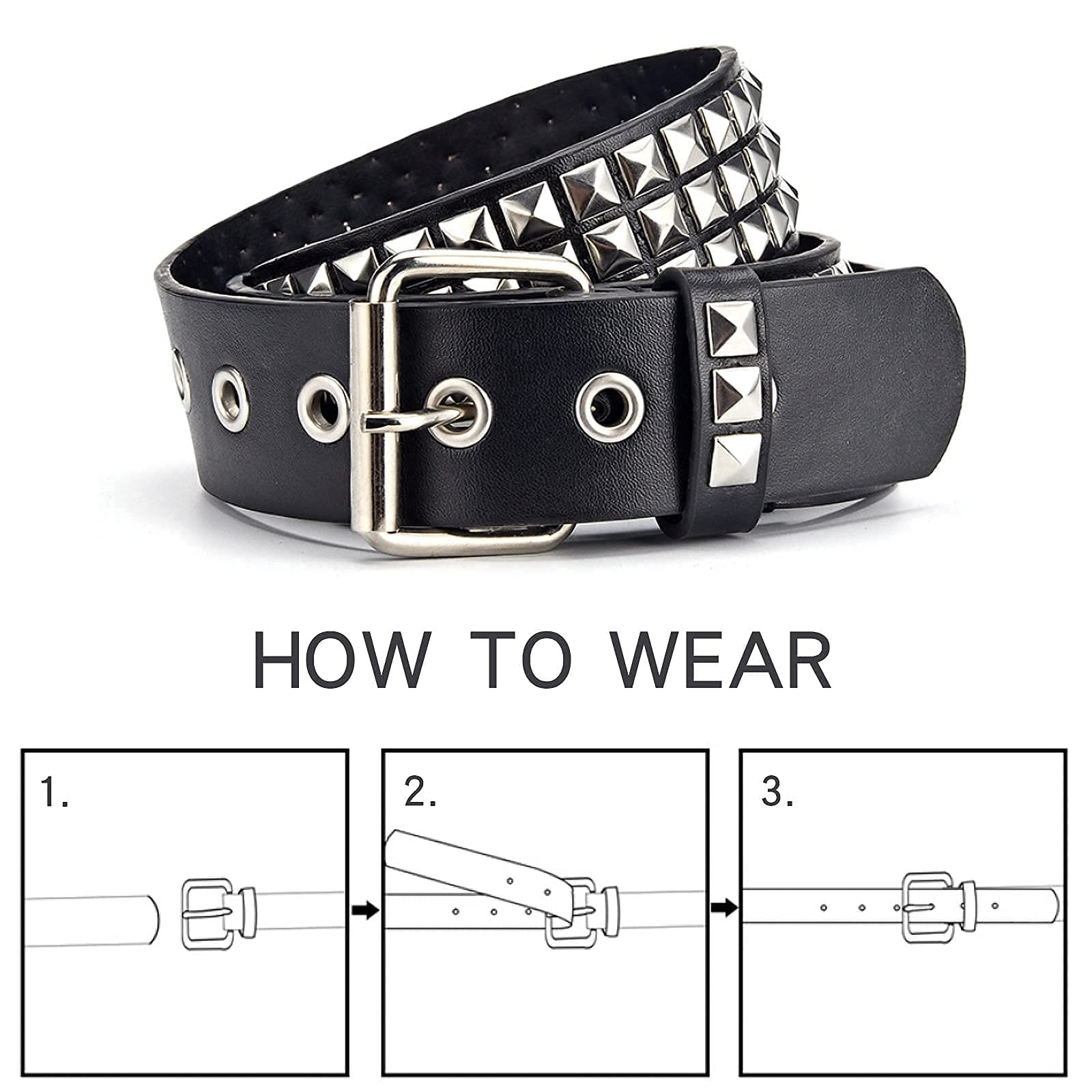 PALAY Studded Belt for Women and Men with Jeans Jacket Chains | Black PU Leather 110cm