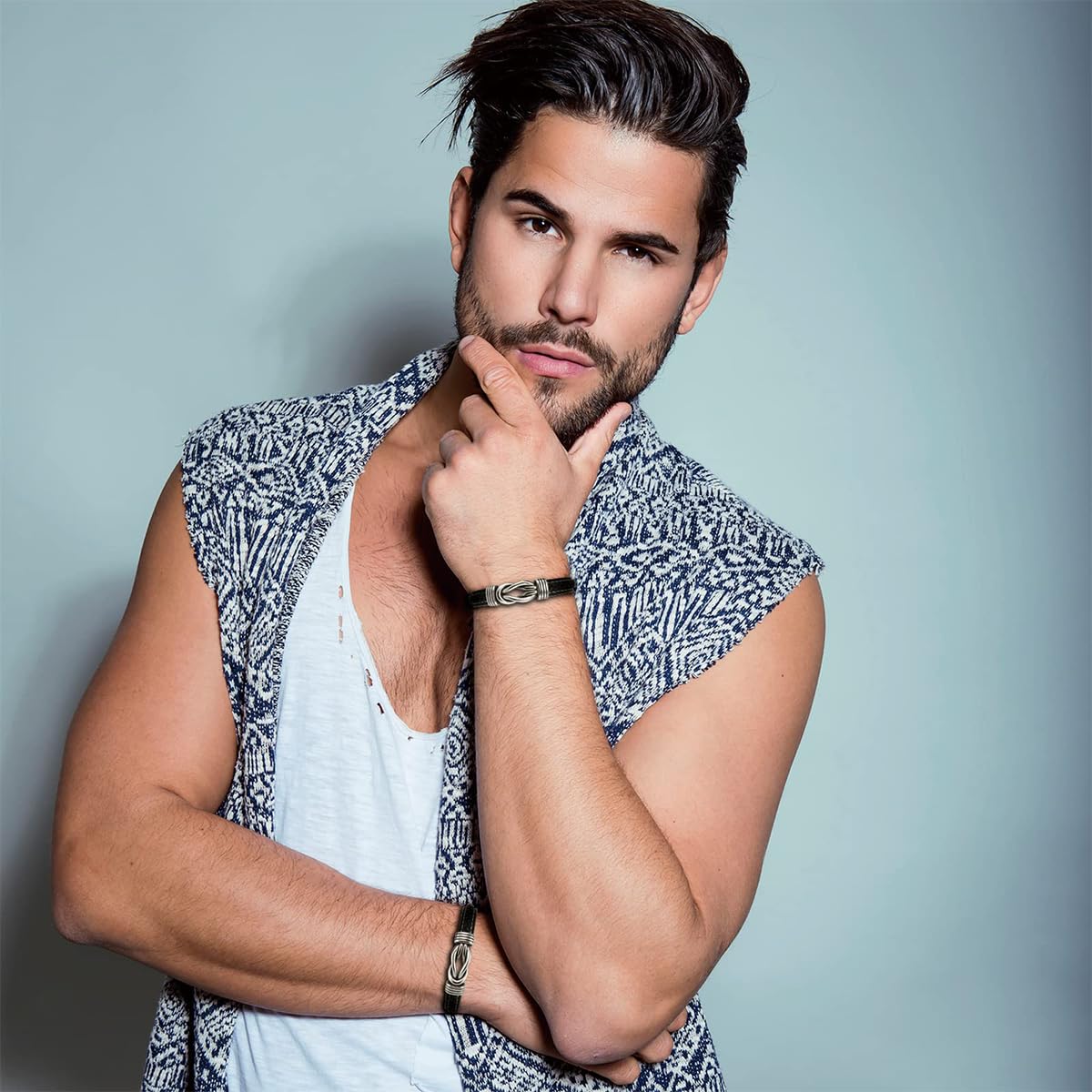 Venzina Leather Bracelet for Men featuring Titanium Steel Twist Ring 8.3 in Black PU | Gift Accessory