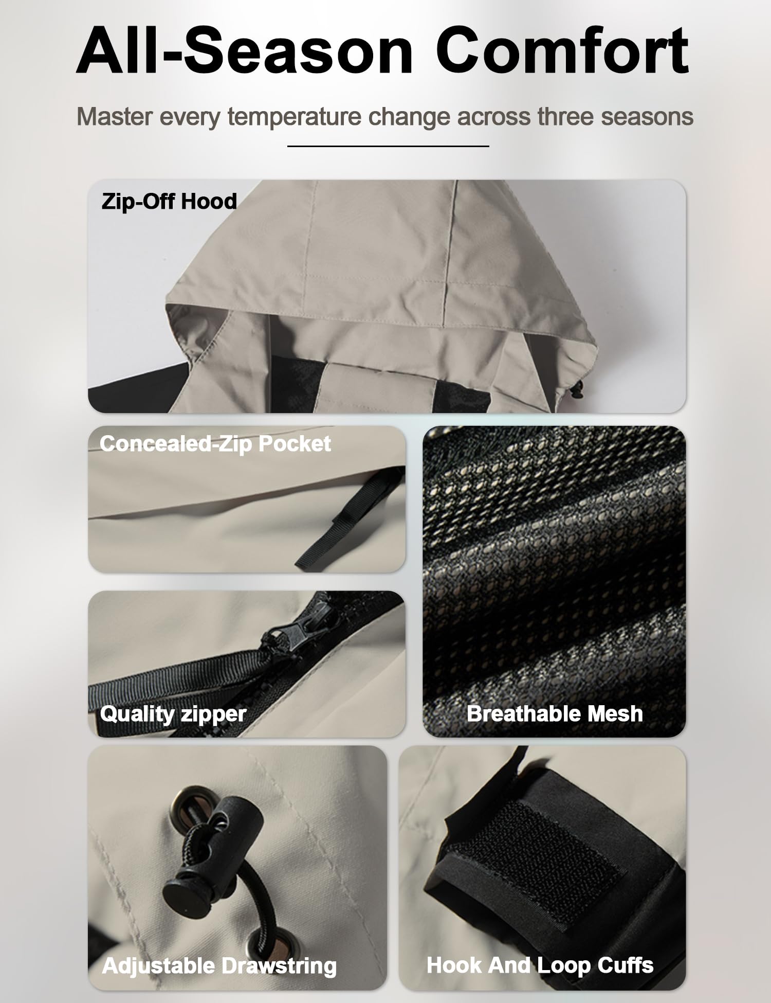 Venzina Men's Windproof Hiking Jacket for Trekking and Daily Use with Detachable Hood | Light Khaki Breathable Mesh Liner